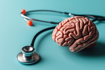 Human brain and stethoscope on blue background, mental health care concept, digital illustration. Generative AI - obrazy, fototapety, plakaty