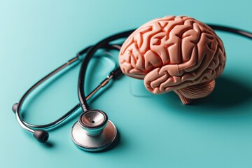 Human brain and stethoscope on blue background, mental health care concept, digital illustration. Generative AI