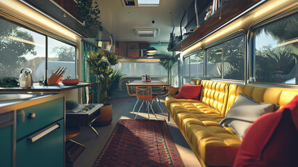 Future concept of bus interior. Transport to live in.  - obrazy, fototapety, plakaty
