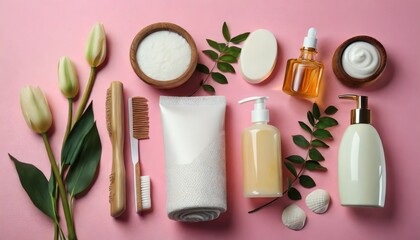 Obraz na płótnie Canvas Embark on a visual journey as we explore an artfully arranged flat lay composition featuring an array of personal care products. Set against a soft and soothing pink background