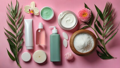 Embark on a visual journey as we explore an artfully arranged flat lay composition featuring an array of personal care products. Set against a soft and soothing pink background