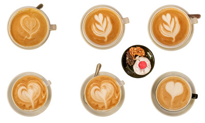 Coffee cappuccino latte art set isolated on white background. / latte art coffee or mocha coffee