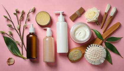 Obraz na płótnie Canvas Embark on a visual journey as we explore an artfully arranged flat lay composition featuring an array of personal care products. Set against a soft and soothing pink background