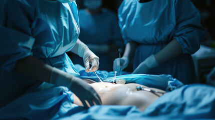 Girl surgery on belly. Diagnostics before surgery.  - obrazy, fototapety, plakaty