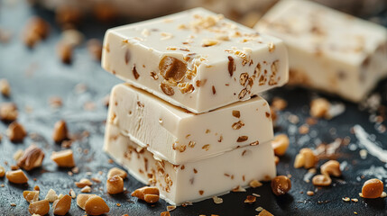 Stack of white chocolate with nuts on top.