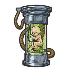 artificially born created baby in science fiction laboratory sketch hand drawn color engraving raster illustration. Scratch board imitation. Black and white hand drawn image. © Oleksandr Pokusai