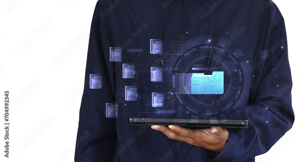 Poster Document management system concept. Document management information system icon on the hand. organize, and manage digital documents. Centralized repository for storage, and distribution.