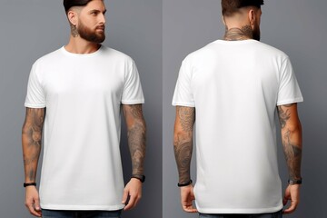 Handsome young man wearing a white casual t-shirt. Side view, behind and front view of a mockup t-shirt for design print - obrazy, fototapety, plakaty