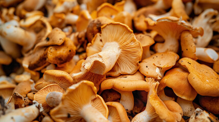 Fototapeta premium Abundant pile of golden chanterelle mushrooms.