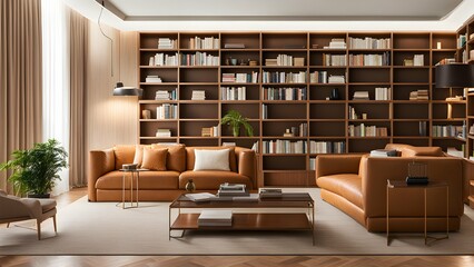 a stylish home library with functional bookshelves.
