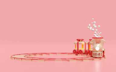 3d locomotive steam cartoon with smoke, wagons shaped like a gift box,  railroad tracks, train transport toy, happy new year. 3d render illustration