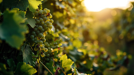 Golden sunset light over lush grapevines.