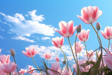  a close up of a bunch of flowers in a field with a sky in the background and a blue sky in the background.