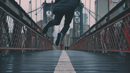 man jumping on a bridge