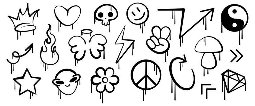Set of graffiti elements with dripping paint and spray effect. Logo street art. Trendy graffiti elements, skull, emoji,wings,heart,arrows,flower,alien.Vector illustration