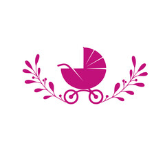 Baby stroller with floral ornament in pink colour vector