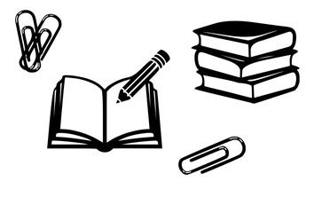 Books and paper clips in black and white