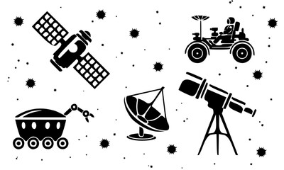 Space equipment, space exploration in black and white 