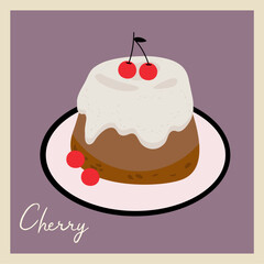 Flat Design Illustration with Cupcake and Cream Vanilla, Cherry