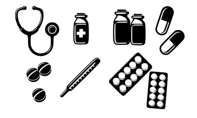 Medical devices, a set of medical badges, black and white in the vector