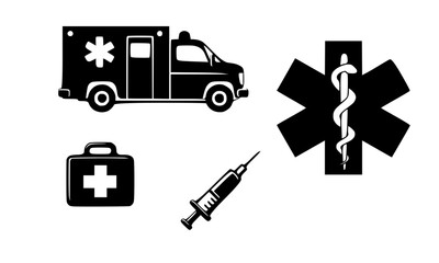 Ambulance, a set of icons on the topic of medicine and ambulance, black and white 