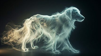 Obraz na płótnie Canvas Offering an epic style that captivates the imagination and heralds a new era of visual storytelling. a realistic hologram of a transparent dog, glowing white with ethereal radiance, epic style.