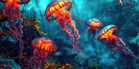 Fototapeta na wymiar jellyfish swimming in the sea with blue seas, in the style of glowing colors
