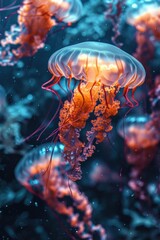 jellyfish in the ocean with their tails up in pink and orange