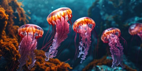 Fototapeta na wymiar pretty aquamarine life bioluminescence jellyfish