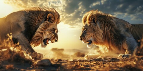 two lions fighting in the desert with stormy sky and sun