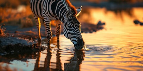 A Zebra having a drink on a safari in South Africa - obrazy, fototapety, plakaty