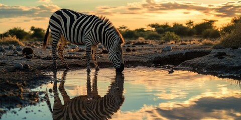 A Zebra having a drink on a safari in South Africa - obrazy, fototapety, plakaty