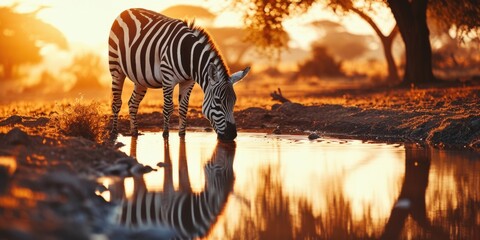 A Zebra Stallion Drinks at the waterhole - obrazy, fototapety, plakaty