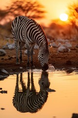 Fototapeta na wymiar zebra at sunset drinking from a hole in the ground, in the style of impressive panoramas, sparkling water reflections