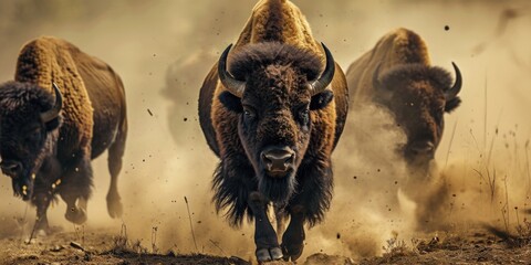 several bison running on the desert, mist