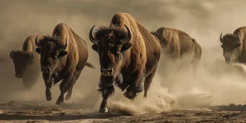 Fototapeten bison run at full speed through the dust © Landscape Planet
