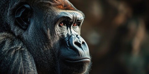 Obraz premium an adult female gorilla is staring as it is dark behind it, in the style of intense portraiture