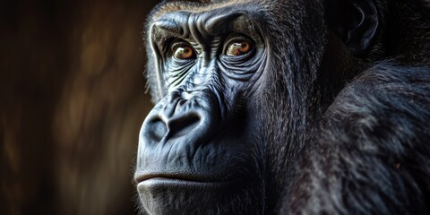 Fototapeta na wymiar an adult female gorilla is staring as it is dark behind it, in the style of intense portraiture