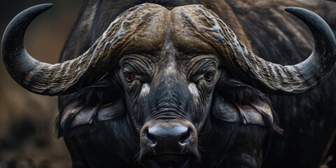 image of a buffalo with a large of horns, in the style of macro zoom