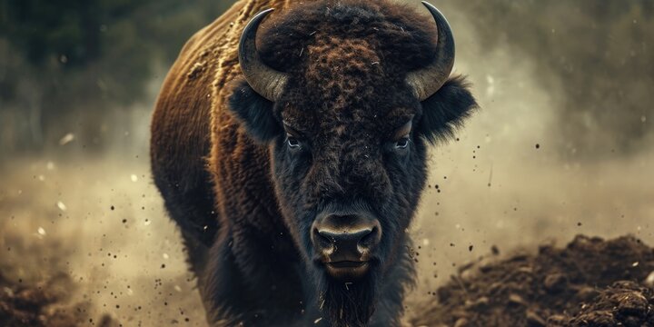 bison run at full speed through the dust