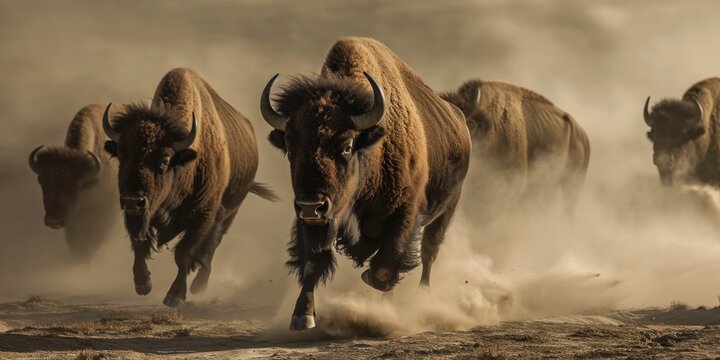 bison run at full speed through the dust