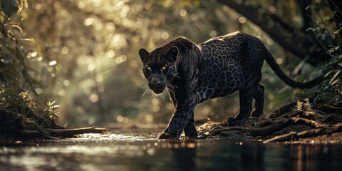a black spotted panther is walking along the river, mysterious jungle - obrazy, fototapety, plakaty