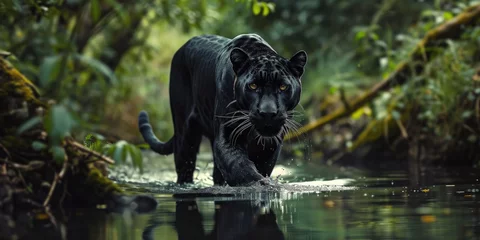 Tuinposter a black panther is on the hunt while walking through the water © Landscape Planet