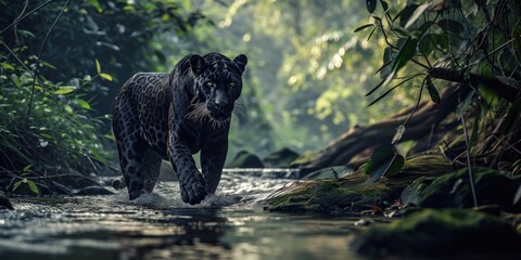a black spotted panther is walking along the river, mysterious jungle - Powered by Adobe
