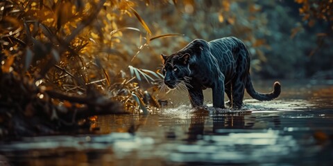 a black panther is on the hunt while walking through the water - obrazy, fototapety, plakaty