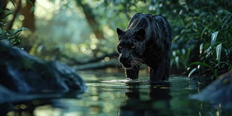 Foto op Aluminium a black panther is on the hunt while walking through the water © Landscape Planet