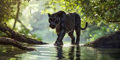 Foto auf Leinwand a black panther is on the hunt while walking through the water © Landscape Planet