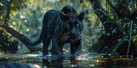 Rolgordijnen a black panther is on the hunt while walking through the water © Landscape Planet