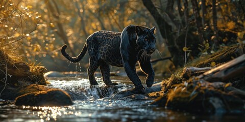 a black spotted panther is walking along the river, mysterious jungle - Powered by Adobe