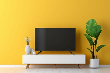 Mockup TV in modern living room with armchair and plant on yellow wall- 3D rendering